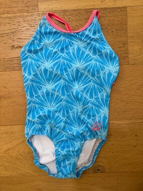 GK Blue seashell Suni gymnastics leotard Pink Trim strappy back adult small EUC